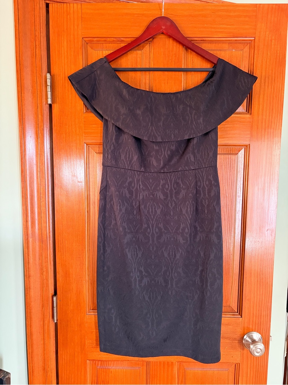 Donna Morgan Black Off the Shoulder Jacquard Sheath Dress